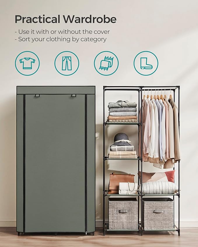 SONGMICS Portable Closet, 34.6 Inch Large Capacity Wardrobe Closet Organizer with Fabric Cover, Hanging Rods and Shelves, 34.6 x 17.7 x 66.1 Inches, for Bedroom, Living Room, Sage Green URYG084C02