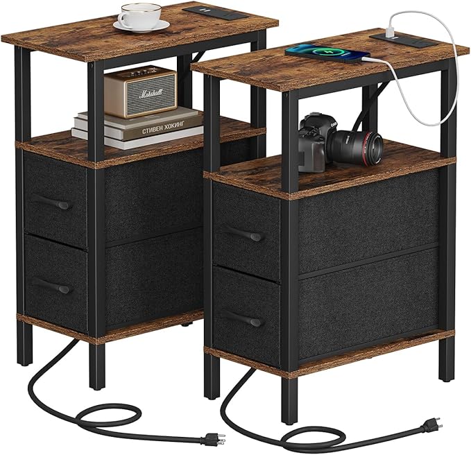 2 Set Narrow Side Table for Small Spaces, Skinny End Table with Charging Station, Sofa Beside Table with 2 Drawers 1 Open Compartment, Slim Nightstand with USB Ports Outlet, Rustic and Brown UTBT004F2