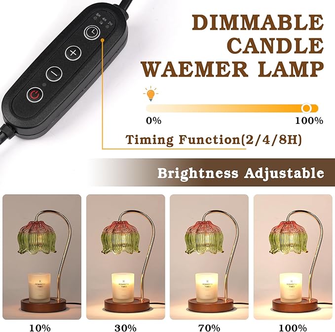 Glass Candle Warmer Lamp with Timer, Electric Candle Warmer Lamp, Graduation Birthday Gifts for Women Girls, Flower Candle Light Warmer Gifts, Aromatic Candle Warmer for Vintage Home Decor