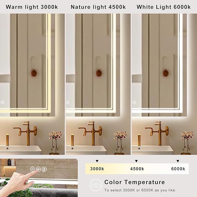 48''x30'' Lighted Mirrors for Bathroom Wall Backlit + Front Lit, Rectangular LED Bathroom Mirror Frameless with Lights Anti Fog, Dimmable, 3 Colors,Tempered Glass, Shatter-Proof