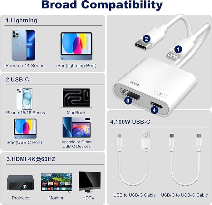Lightning and USB-C to HDMI Adapter for iPhone to TV, MFi Certified 4K@60Hz Type C to HDMI Adapter with 100W Fast Charge, Lightning to Digital AV adapter for iphone 17/16/15/iPad to TV/Projector