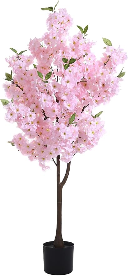 Artificial Cherry Blossoms Tree with Blooming Pink Flowers for Indoor Home Decor, Japanese Style Faux Plant for Living Room, Office, Bedroom - Tall Fake Tree with Branches, Outdoor Decoration 4FT