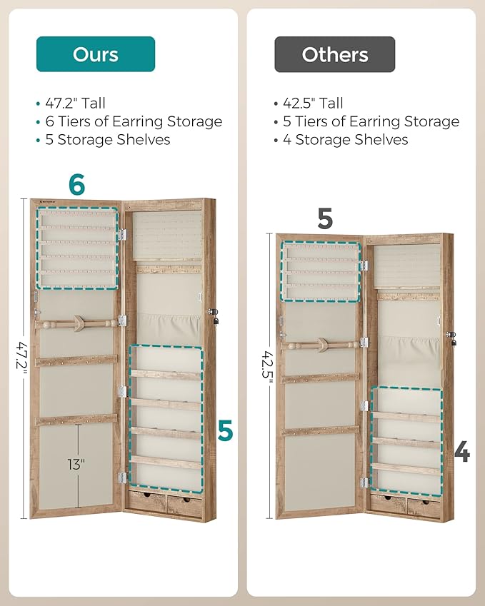 SONGMICS 6 LEDs Mirror Jewelry Cabinet, 47.2-Inch Tall Lockable Wall or Door Mounted Jewelry Armoire Organizer with Mirror, 2 Drawers, Christmas Gift, 3.9 x 14.6 x 47.2 Inches, Toasted Oak Color