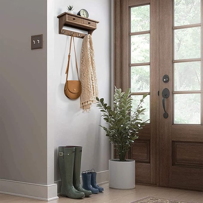 Emfogo Coat Hooks Mounted, Rustic Wood Coat Rack Mount Shelf with Hooks, Farmhouse Coat Rack with Shelf & Coat Hook for Entryway, Mudroom, Bedroom, Kitchen, Bathroom(Walnut)