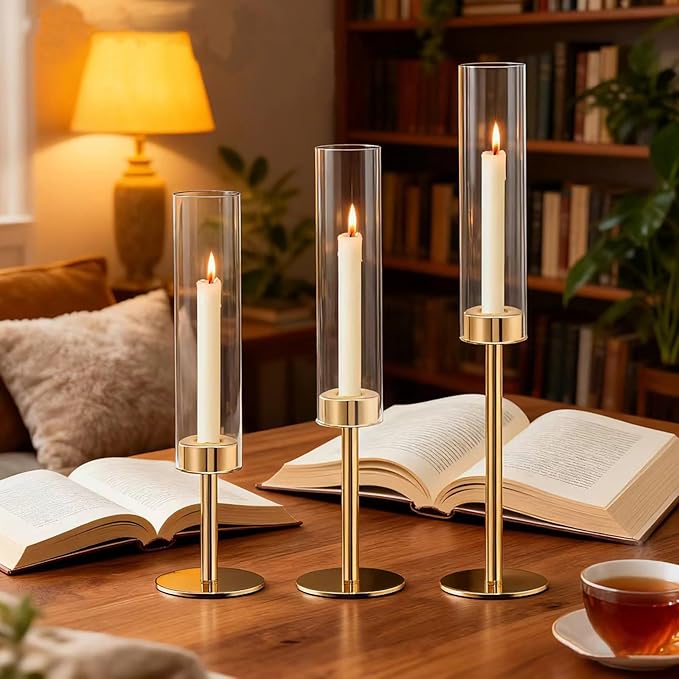 Glass Hurricane Candlestick Holders, Rose Gold Taper Candle Holder Set, Vintage Candelabra, Great Gift for Home Decor Aesthetic, Birthday Parties, Fireplace Parties,Thanksgiving Day & Christmas