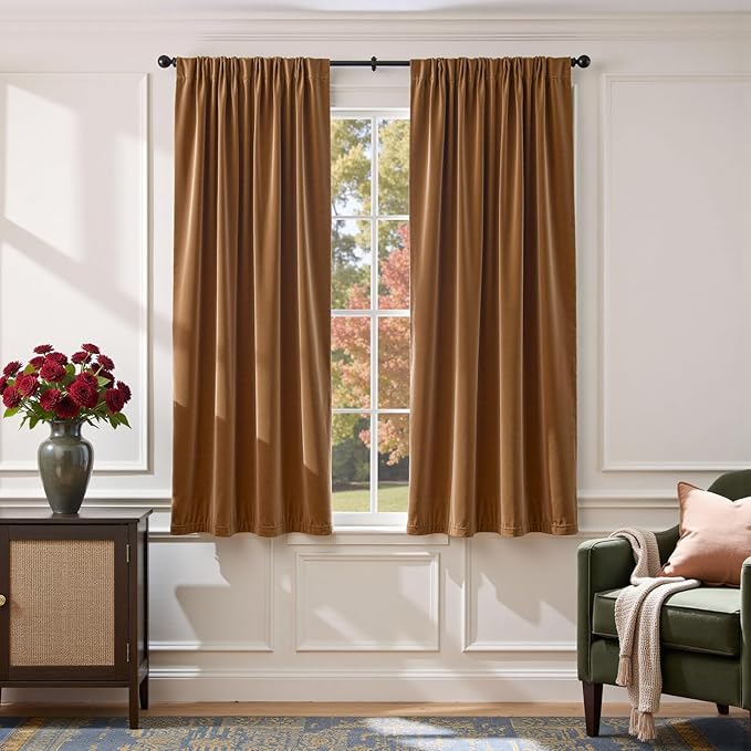 Lazzzy Velvet Blackout Curtains Thermal Insulated Room Window Drapes Super Soft Luxury Curtains for Living Room Bedroom Rod Pocket 2 Panels, Gold Brown, 52" W x 63" L