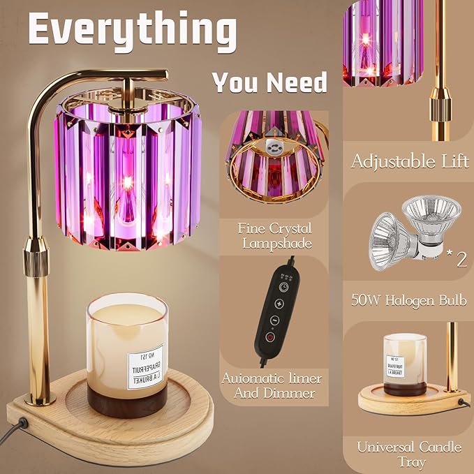 IN HAPPY Candle Warmer Lamp with Timer Dimmer-Adjustable Height, Birthday Gifts for Women Mom, House Warming Gifts New Home Decor, Wax Melt Warmer for Scented Jar Candles with 2 Bulbs (Purple)