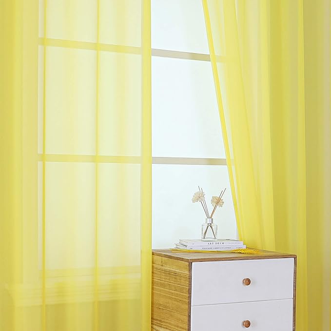 KEQIAOSUOCAI Vibrant Yellow Sheer Voile Window Treatment Grommet Top Curtain Panels for Bedroom and Living Room (54 x 63 inches Long, Set of 2)