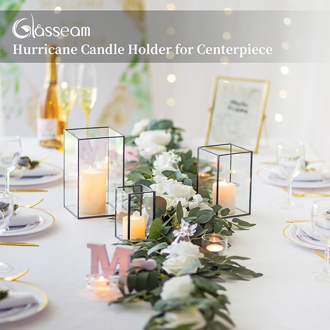 Glasseam Hurricane Glass Candle Holder, Black Candle Holders Set of 3, Square Metal Modern Candle Holder, Modern Large Candle Holders for Table Centerpiece Wedding Christmas Decorative