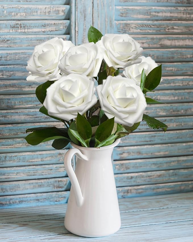JOYLEX 200Pcs White Artificial Flowers Realistic Roses, Real Looking Fake Roses with Stem for DIY Wedding Bouquets Centerpieces Bridal Shower Party Home Romantic Decorations (White, 200pcs)