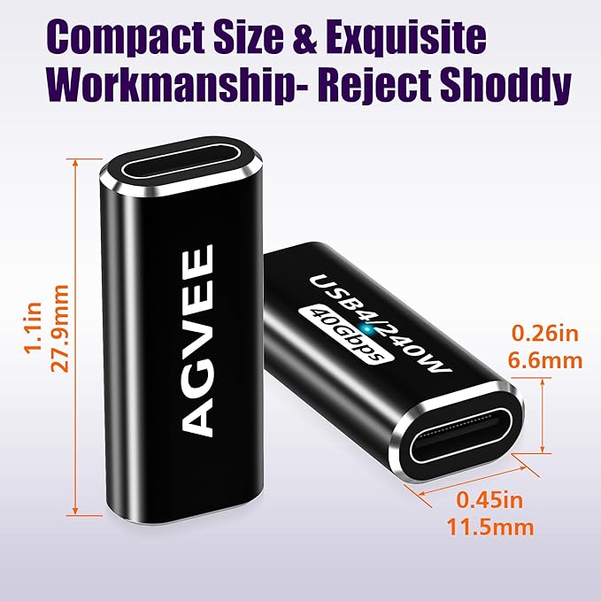 AGVEE 2 Pack USB4 Type-C Female to Female Adapter, PD 240W Quick Charge USB 4.0 40G Data Coupler Extender Extension Connector for TB4 TB3 MacBook, Pixel 2 3 4 5, S24, S23, S22, Black