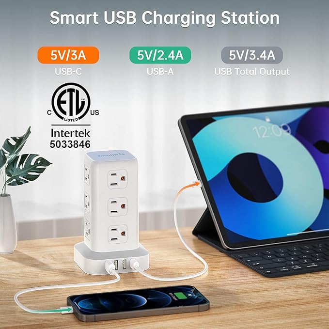Power Strip Tower (Fast Charge 3A, 6.5 FT (2 Pack))
