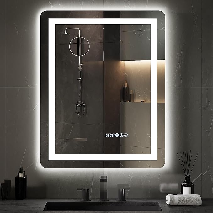 YITAHOME 24 x 32 Inches LED Bathroom Mirror, Front Light and Backlit, Motion Sensor, 10X Magnifying Glass, 3 Colors Dimmable, 5mm Tempered Glass, Anti-Fog, Wall Mounted Mirror-Vertically Only