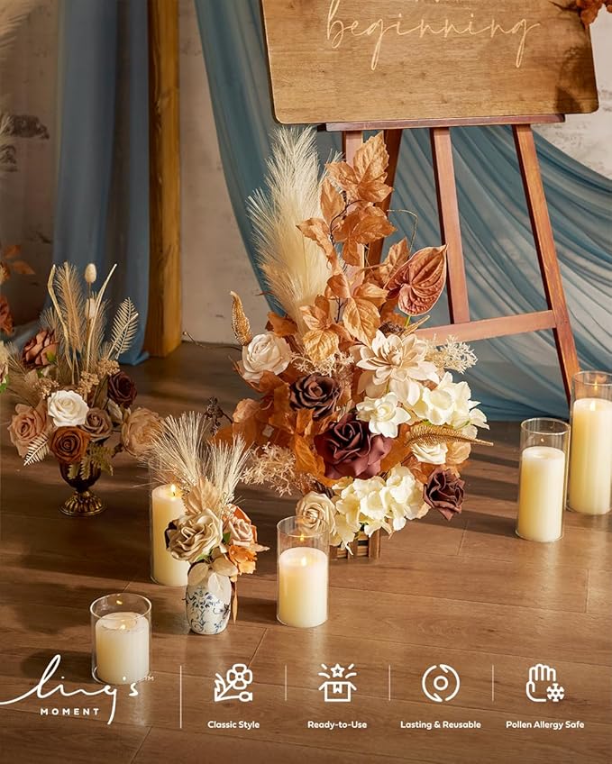 Ling's Moment 41" Tall Fall Free Standing Artificial Flowers Arrangements 2 pcs Wedding Arch Altar Stage Decorations Rust Sepia For Ceremony Reception Rose Fake Floral Party Outdoor Centerpieces Decor