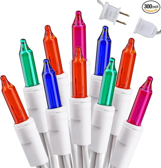 Brizled Colored Christmas Lights, 300 Count 69.6ft Incandescent Christmas Lights, Connectable 120V UL Certificated Xmas String Light, Mini Xmas Tree Light Set White Wire for Tree Holiday Party Decor