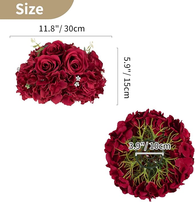 NUPTIO Flower Balls for Centerpieces Wedding: 10 Pcs 11.8 inch Diameter Artificial Flower Ball Arrangement Bouquet Centerpiece for Tables - Burgundy Fake Rose Flowers for Wedding Decor