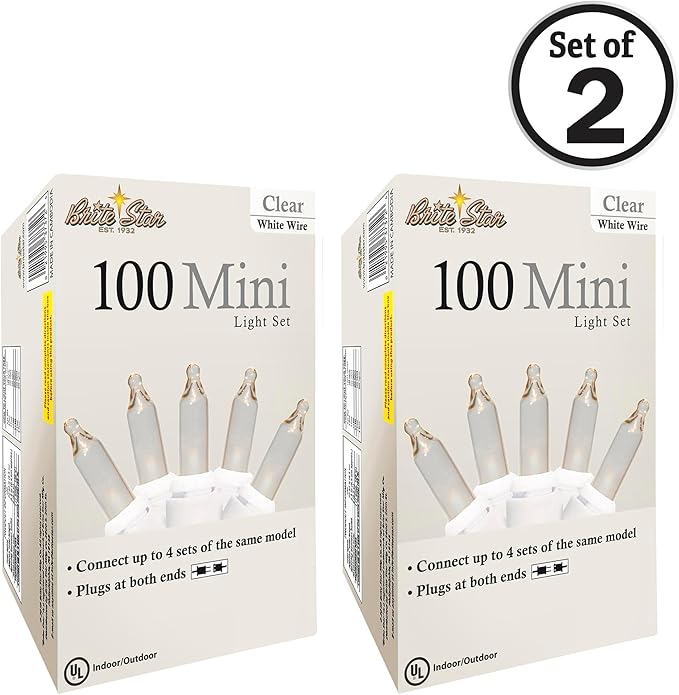 Brite Star 100 Count Mini String Christmas Lights, Clear - 22 feet Indoor/Outdoor Christmas Tree Lights with White Wire (Set of 2)