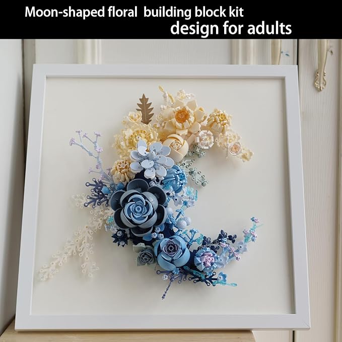 Blue Moon Flower Building Blocks for Adults - Creative Crescent Moon Rose Model Kit, Home Office Desk Decor, Artificial Plant, Unique Birthday Gift Idea (Frame Not Included)