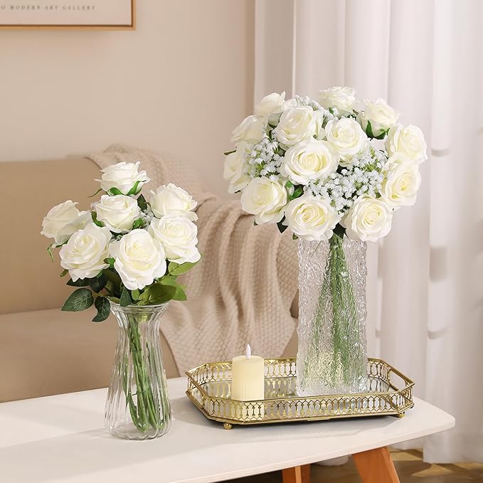 JUSTOYOU 30PCS Artificial Roses Silk Flowers in Bulk, Realistic White Fake Roses for Wedding Decorations, Home Decor, Centerpieces, Indoor Floral Arrangements