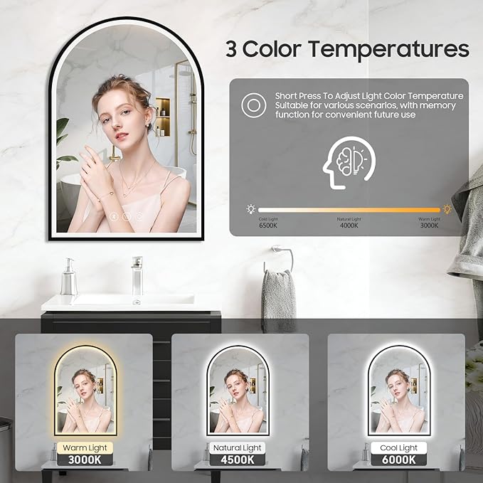 20x30 Inch Arch LED Bathroom Mirror with Bluetooth, Black Lighted Bathroom Mirrors Wall Mounted, Vanity Mirror with Anti-Fog, Memory Function, 3 Color Temperature, Dimmable Led Mirror for Bathroom