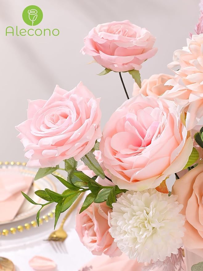 Alecono Artificial Flowers, Pink Fake Flowers Combo Box with Stems for DIY Wedding Bridal Bouquets, Cake Party Table Centerpieces Home Decor