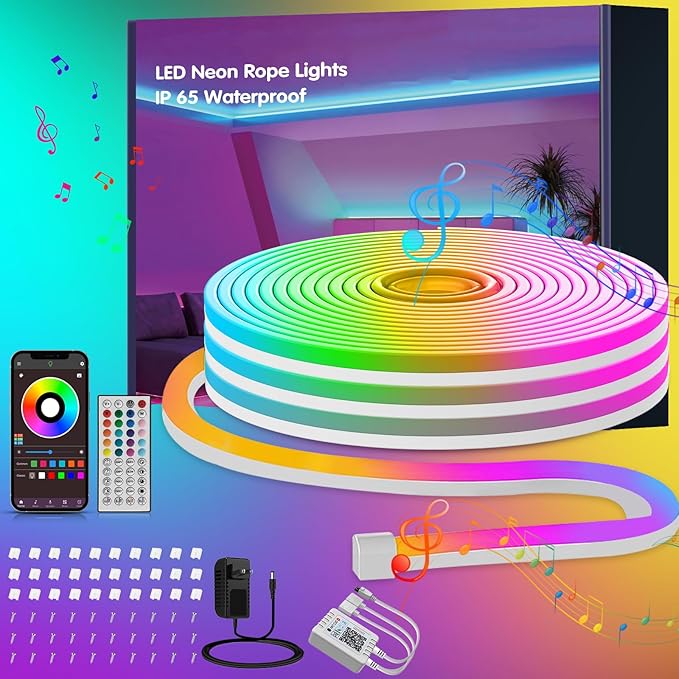 65.6ft RGB LED Neon Rope Lights with App, Remote Control, IP65 Waterproof Neon Light Strip Outdoor Indoor, DIY Design Flexible Led Strip Lights for Bedroom Essentials, Gaming Accessories