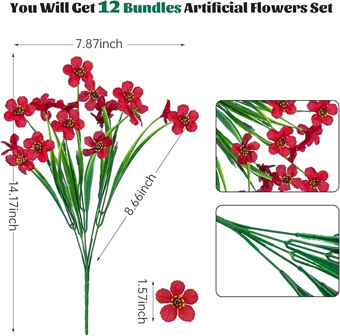 Lnoicy 12 Pcs Artificial Flowers for Outdoor,Plastic Flowers Decoration, UV Resistant Faux Flowers Shrubs, Artificial Plants for Indoor Outside Garden Home Wedding Farmhouse（Red）