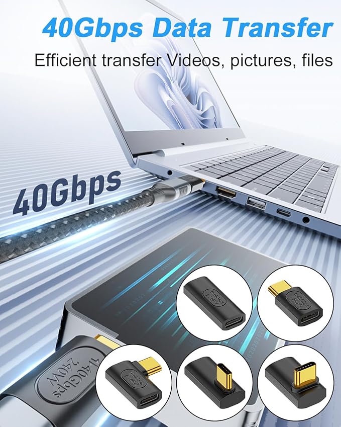 Poyiccot USB C Right Angle Adapter, 90 Degree USB C Adapter 240W PD, 40Gbps, 8K@60Hz Right Angle Type C to Type C Extension Connector for Thunderbolt 4, Steam Deck, Laptop, Smart Phone, 5-Pack