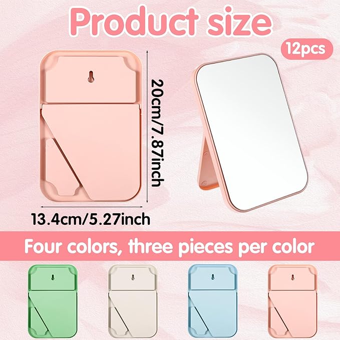 12 Pack Spa Mirrors for Party, Mirror Bulk, Small Table Mirror with Stand, 7.87 Inch Adjustable Vanity Desktop Folding Mirrors, 4 Colors for Makeup Travel