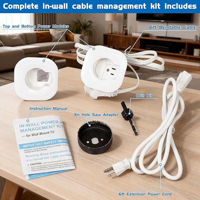 in Wall Cable Management Kit,All-in-One Voltage Adapted Cable Organizer, Streamline Wires for Living Room/Office | Easy Install Wall Wire Hider, with Drill Hardware in Wall Cable Management