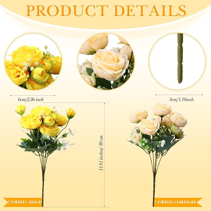 Geosar 8 Bundles Artificial Peonies Flowers Fake Silk Peony Bouquet Faux Peonies Flowers Bulk for Decoration Vase Floral Arrangements Wedding Party Table (Yellow,Champagne)