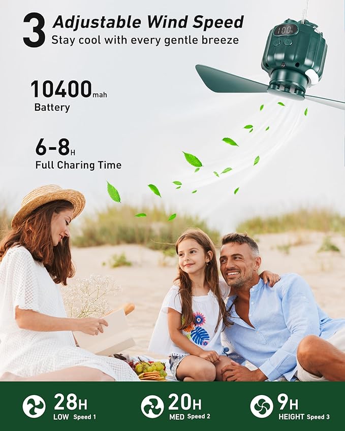 DUKUSEEK Tent Ceiling Fans for Camping, 10400mAH Large Capacity Portable Hanging Tent Fans with Light and Remote Control, USB Battery Operated Camping Fan for Canopy Tent Beach army green