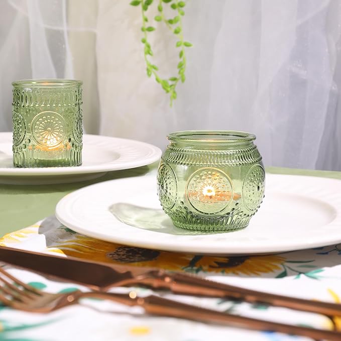 12pcs Assorted Green Votive Candle Holders for Wedding Table Decorations, Glass Tea Lights Candle Holder for Bridal Shower, Baby Shower Decrations, Boho Tea Party Decor, Wedding Party Gifts for Guests