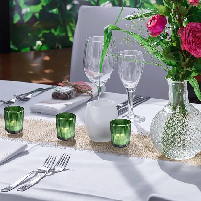VOHO Votive Candle Holders Set of 24, Green Candle Holder for Tealight & Votive Candles, Vintage Ribbed Glass Tea Lights Candle Holder for Home & Christmas Decorations