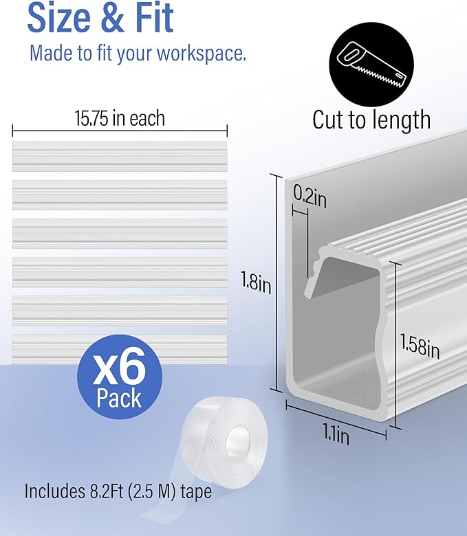 6 Pack Cable Management Under Desk, Open J Channel Raceway, Cord Organizer Tray for Desk, No-Drill Cable Hider for Desk & Wall, Wire Management Kit, Flame-Retardant PVC, 94.5" Total, White