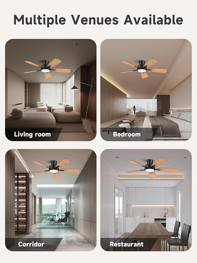 TALOYA Ceiling Fans with Lights and Remote, 46 Inch Low Profile Ceiling Fan with Light, Flush Mount, Reversible, 3CCT, Dimmable Black Modern Ceiling Fan for Bedroom, Living Room, Outdoor Patio