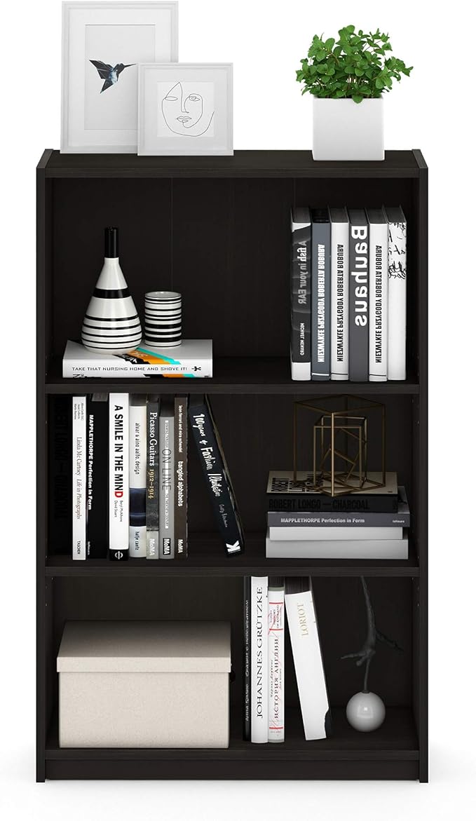 Furinno JAYA Book Shelf, 3-Tier Bookshelf, Bookcase with Adjustable Shelves, 9.5 x 24.5 x 40.3, for Living Room, Bedroom, Home Office, Espresso