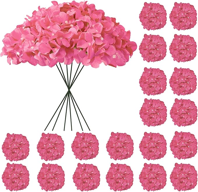 Hydrangea Artificial Flowers, 20 Pcs Hot Pink Hydrangea Artificial Flowers Bulk, Faux Hydrangea Flowers For Outdoor, Fake Silk Fuchsia Hydrangea Flowers With Stems For Wedding Decoration Decor
