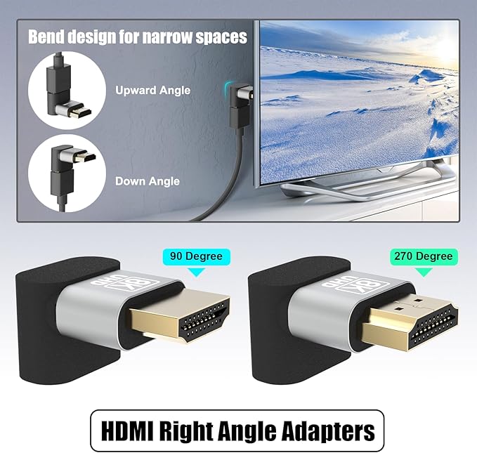 VCELINK 8K@60Hz HDMI Right Angle Adapter, 90 & 270 Degree HDMI Male to Female, HDMI 2.1 Cable Adapter with 4K@120Hz, HDR, eARC for HDTV, Laptop, PS4, PS5, Xbox - 2-Pack