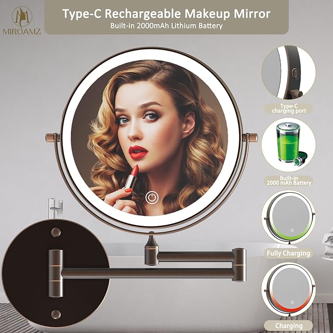 Rechargeable Wall Mounted Lighted Makeup Vanity Mirror 8 Inch Double Sided 1X 10X Magnifying Bathroom Mirror, 3 Color Lighting, Touch Screen Dimming, 360 Rotation Oil Rubbed Bronze