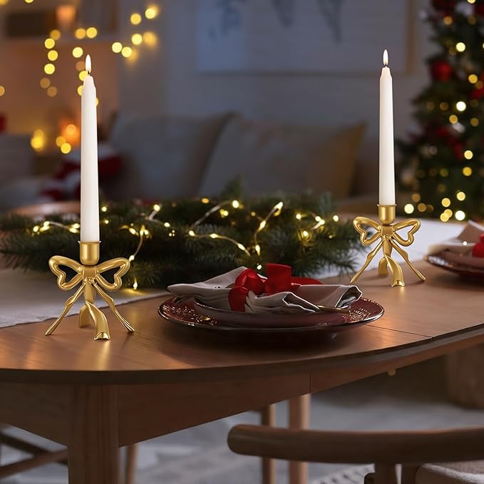 Mumufy 2 Pcs Gold Bow Taper Candle Holder Vintage Metal Candle Stick Holders Antique Brass Decorative Candlestick for Wedding Christmas Home Table Decor, 4.5" W x 4.3" H