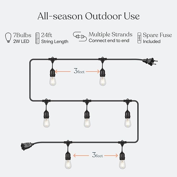 Brightech Ambience Pro - Waterproof LED Outdoor String Lights - 7 Hanging, Dimmable 2w Vintage Edison Bulbs - 24 Ft Commercial Grade Patio Lights Create Cafe Ambience in Your Backyard - Black