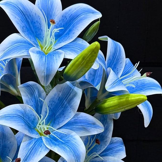 ASTRYAS 18 Heads Blue Fake Lilies, Artificial Lily Faux Lilies Bouquet with 18 Heads Full Bloom Lily & 6 Buds for Home Hotel Flower Arrangement Party Decor