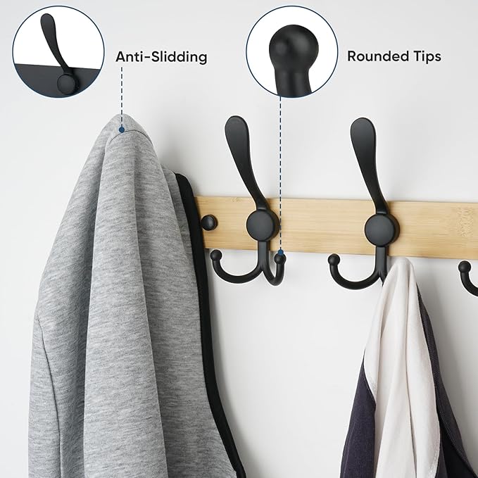 TICONN Wall Mounted Coat Rack, Five Heavy Duty Tri Hooks All Metal Construction for Jacket Coat Hat in Mudroom Entryway (Wood Black, 1-Pack)