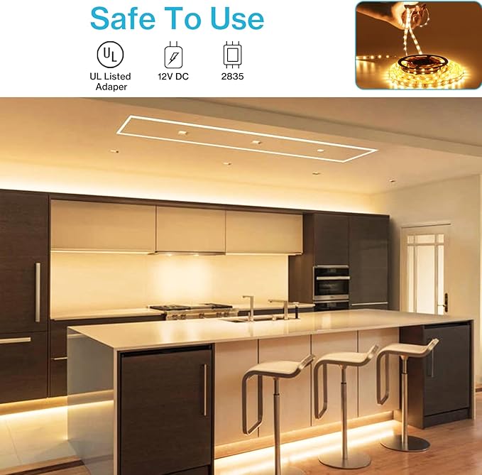 Olafus 16.4ft LED Strip Lights Warm White Dimmable, LED Rope Light Kit 12V Flexible Under Cabinet Lighting Strips, 5m 300 LEDs 2835, 3000K Bright Led Lights for Bedroom, UL Listed Plug