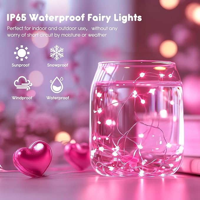 Minetom 6 Pack Fairy Lights Battery Operated String Lights - 7ft 20 LED Waterproof Silver Wire Firefly Lights for Valentine’s Day Decor DIY Crafts Wedding Table Centerpieces, Pink