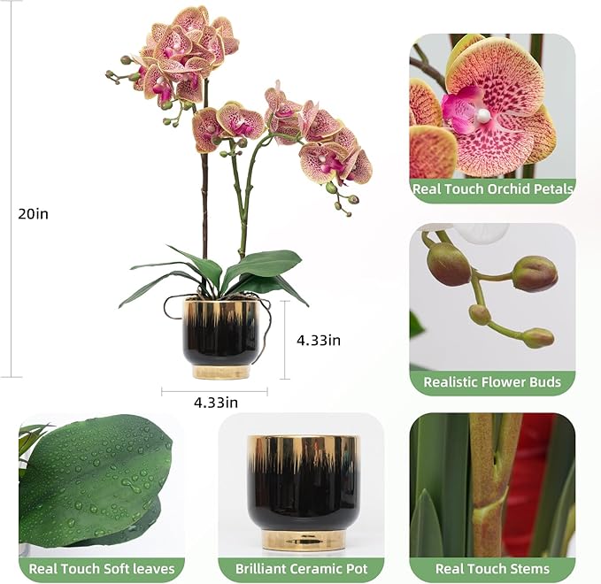 CXGS Orchids Artificial Flowers Real Touch Fake Flowers in Ceramic Pot 20" Purple Dapple Faux Orchid Plant Lifelike Silk Phalaenopsis for Centerpiece Hotel Home Indoor Decor