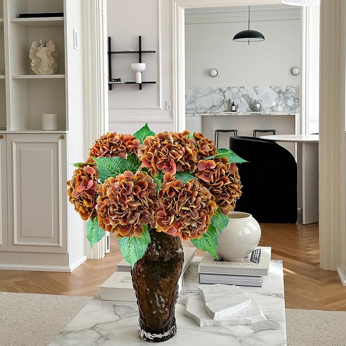 Fall Hydrangea Artificial Flowers, 4Pcs 21” Latex Real Touch Flowers, Faux Silk Flowers Fake Artificial Hydrangeas with Stems for Bouquet Table Centerpieces Halloween （Raw Umber Brown）