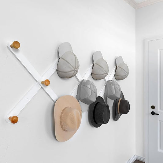 SKOLOO Hat Rack for Wall with 11 Hooks, 24 inch Solid Wooden, Modern, Huge Coat Rack Wall Mount for Coats, Hats, Bags, Cowboy Caps, Baseball Caps, Natural on White