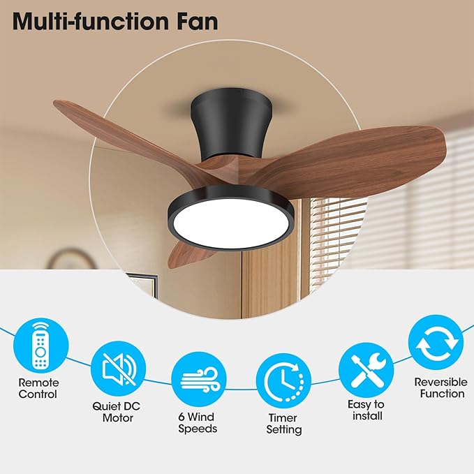 ocioc Quiet Ceiling Fan with LED Light DC motor 32 inch Large Air Volume Remote Control Walnut for Kitchen Bedroom Dining room Patio